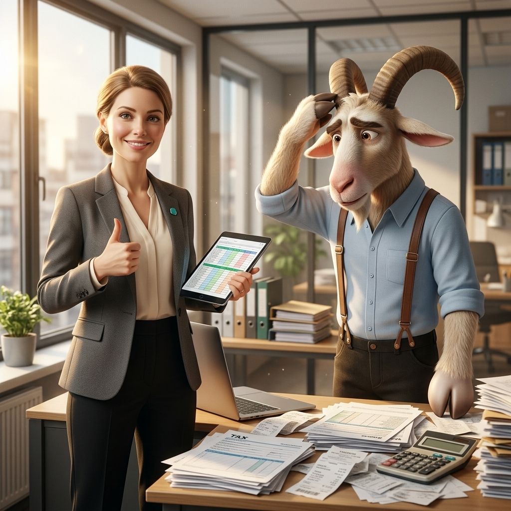 In an accounting office, a smiling accountant holds a tablet spreadsheet while a goat scratches his head over tax forms.