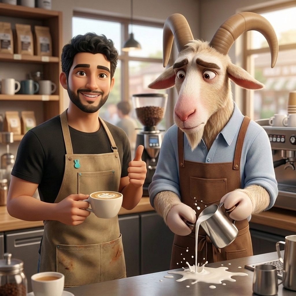 In a cafe, a smiling barista holds a flat white while a goat in an apron spills milk from a jug he cannot grip.