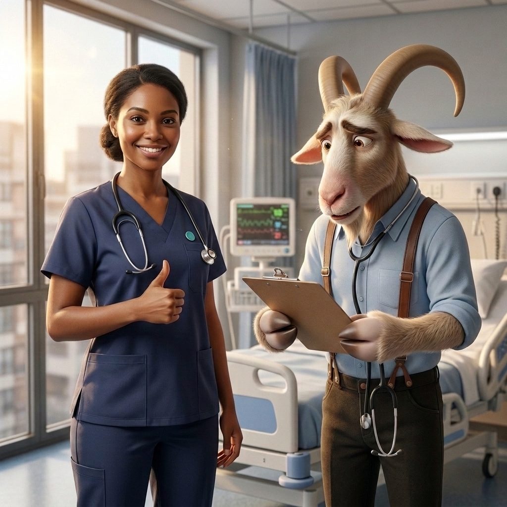 In a hospital ward, a smiling nurse gives a thumbs up while a goat fumbles a clipboard and stethoscope.