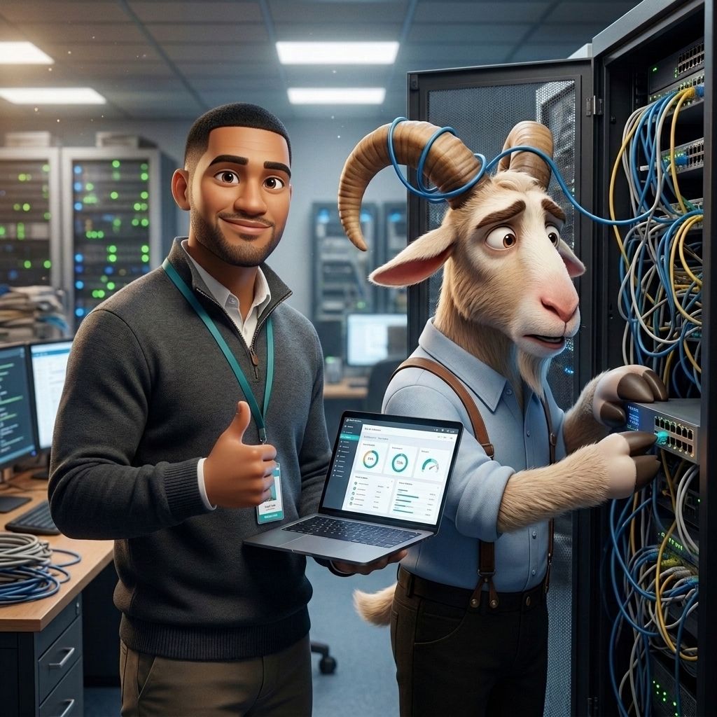 In a server room, a smiling IT specialist holds a laptop while a goat is tangled in network cables.
