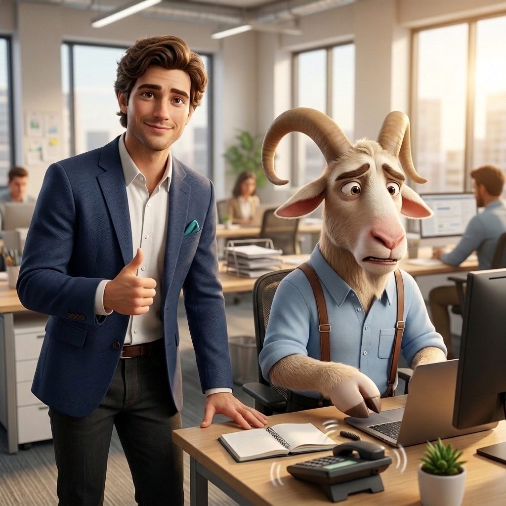 In an office, a smiling professional gives a thumbs up beside a worried goat struggling with a laptop and ringing phone.