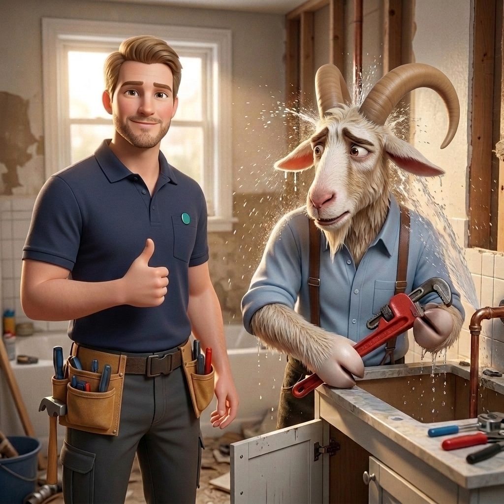 In a bathroom, a smiling plumber gives a thumbs up while water from a burst pipe sprays over a goat holding a pipe wrench.