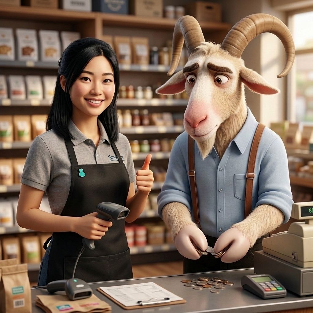In a shop, a smiling retail assistant holds a scanner while a goat fumbles coins at the counter.