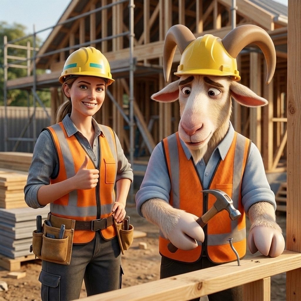 On a building site, a smiling tradie in a hard hat gives a thumbs up while a goat tries to grip a hammer.